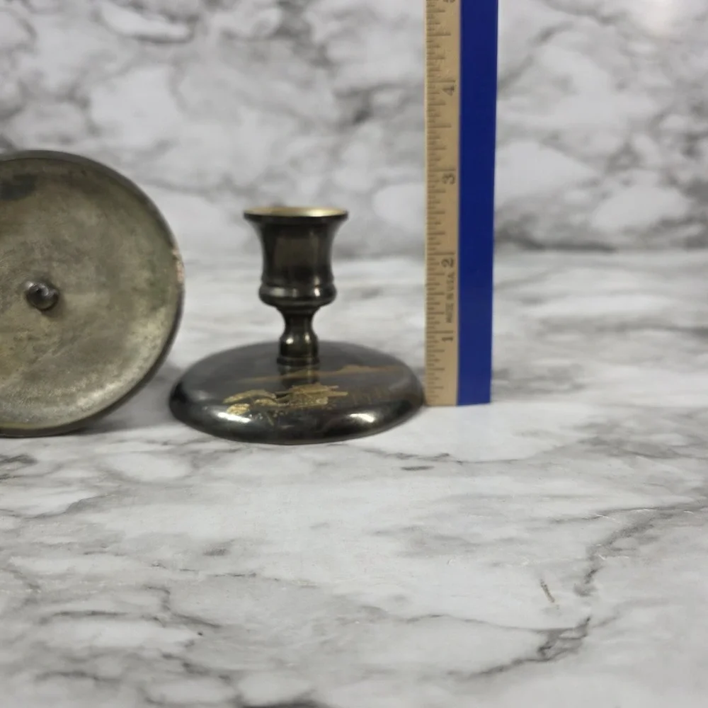 Vtg Pair Japanese brass bud vases featuring an etched pagoda and mountain scene